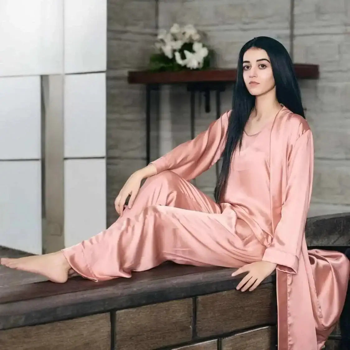 Mulberry Silk 3 Piece Robe Set Solid (10 Colors) - ELORA OFFICIAL