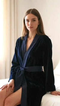 Thumbnail for Navy Velvet Solid Robe | Gown - ELORA OFFICIAL